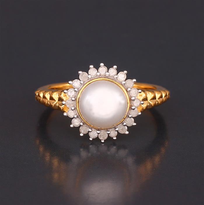 Gold Polish cocktail Pearl ring with CZ American Diamonds